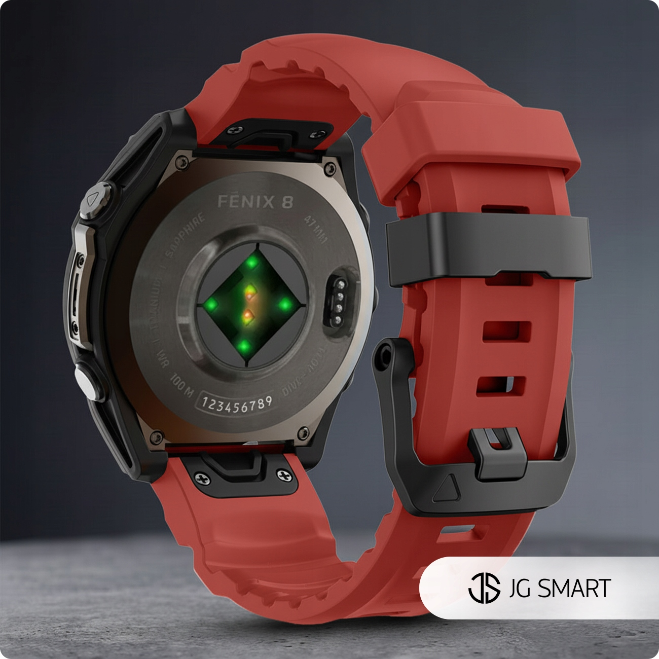 Czerwony smartwatch z czarną obudową i czujnikiem tętna.