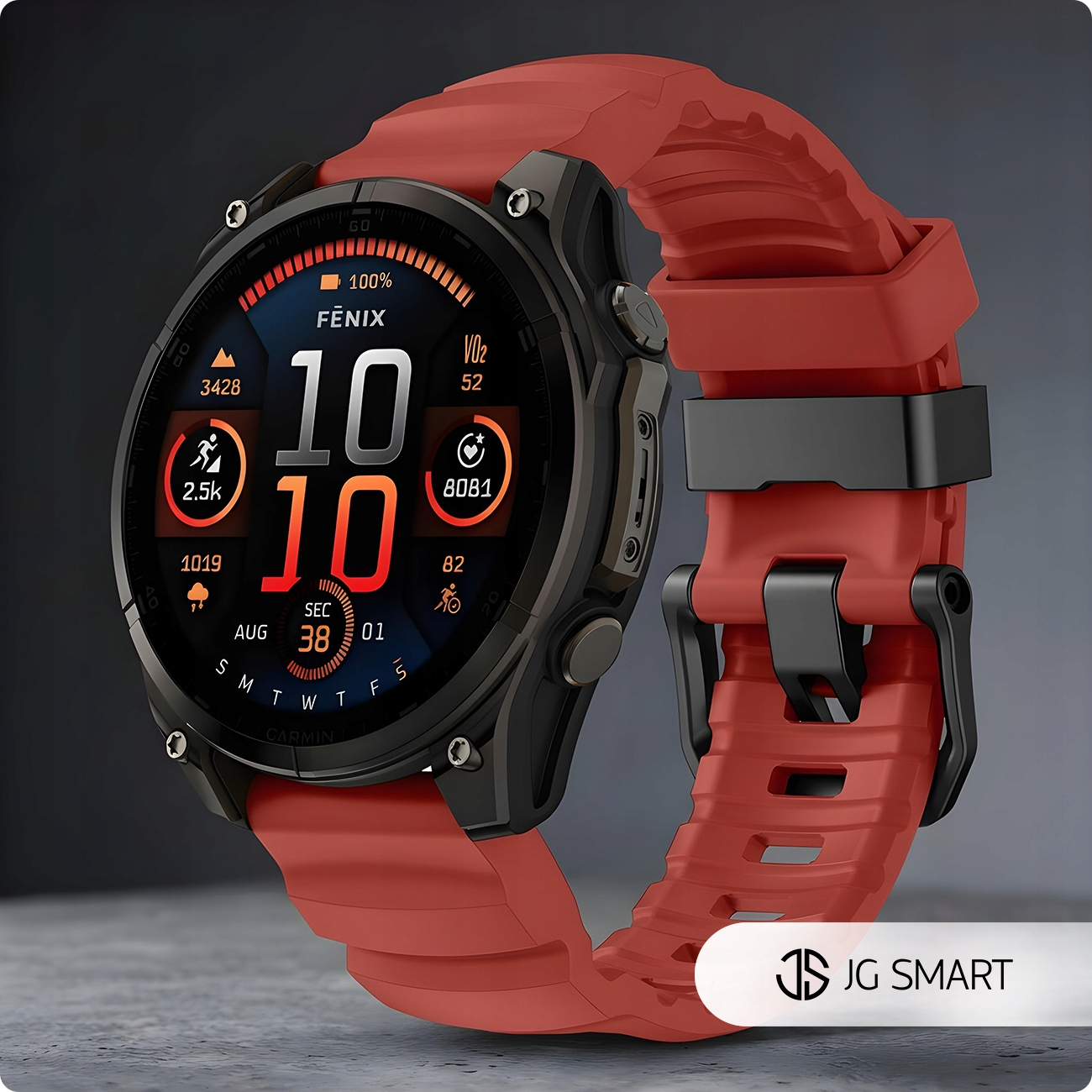 Czerwony smartwatch Garmin Fenix z czarną ramką i cyfrowym wyświetlaczem.