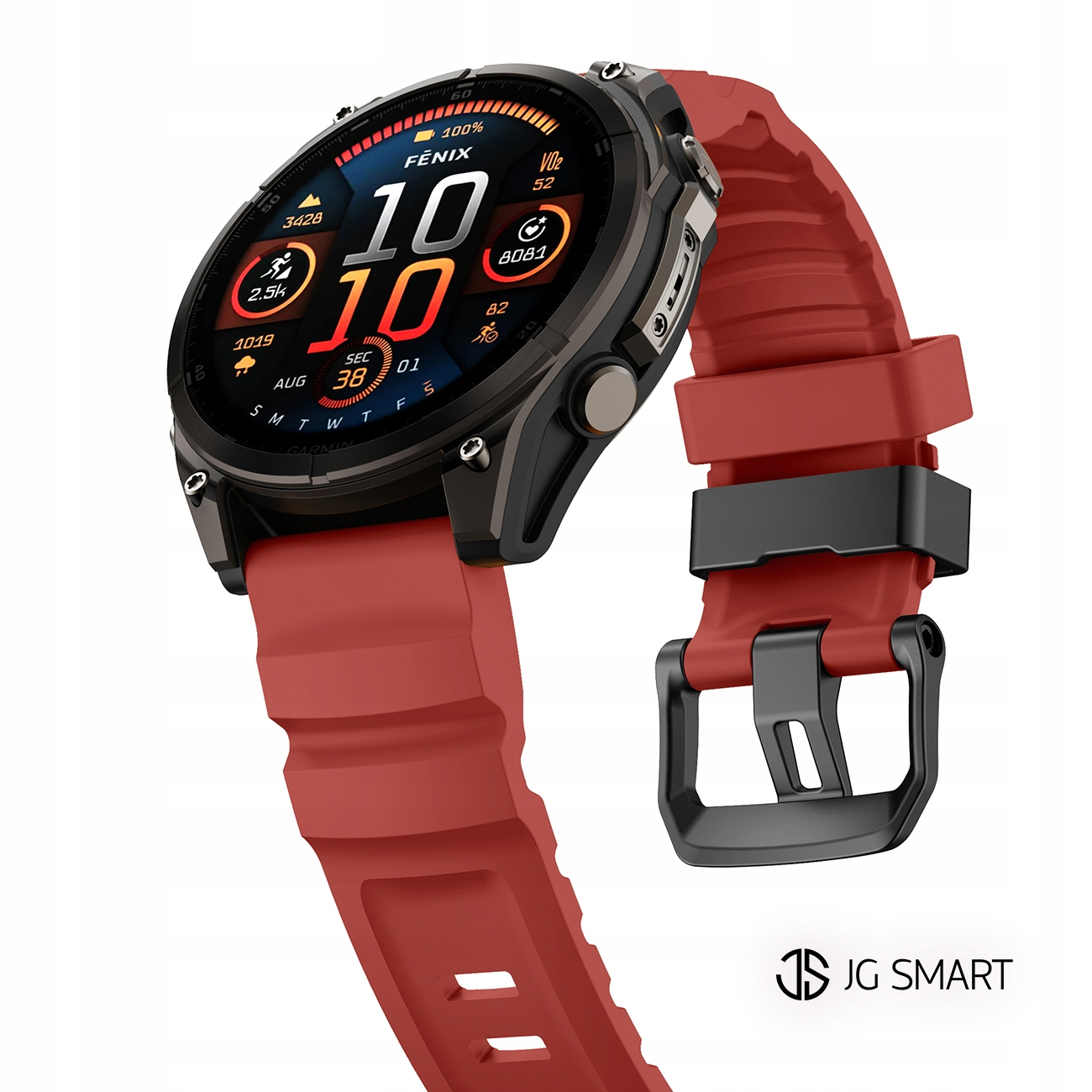 Czerwony smartwatch z czarną klamrą wyświetla statystyki zdrowotne i czas.