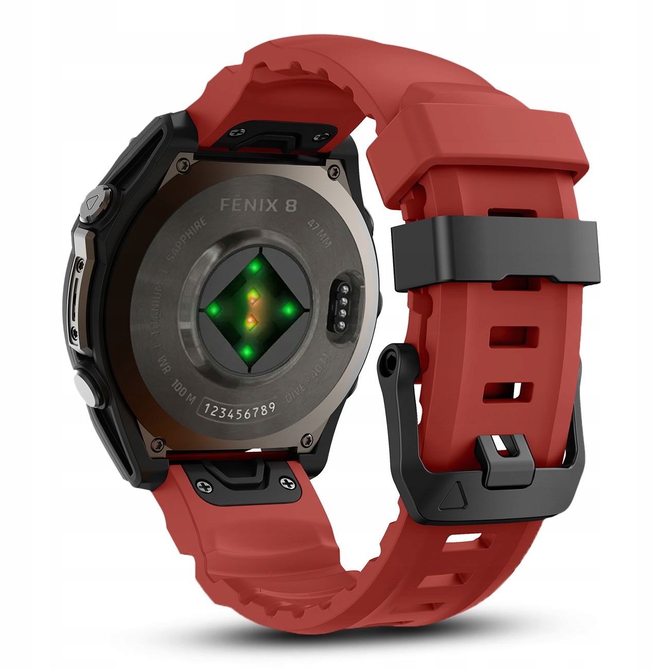 Czerwony smartwatch z czarnym zapięciem i widocznym sensorem tętna.