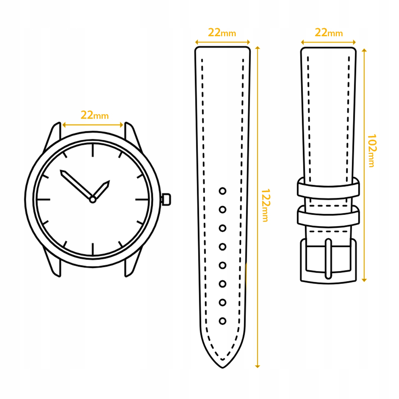 Ilustracja zegarka 22 mm z dwoma paskami 22 mm, jeden 122 mm, drugi 102 mm długości.