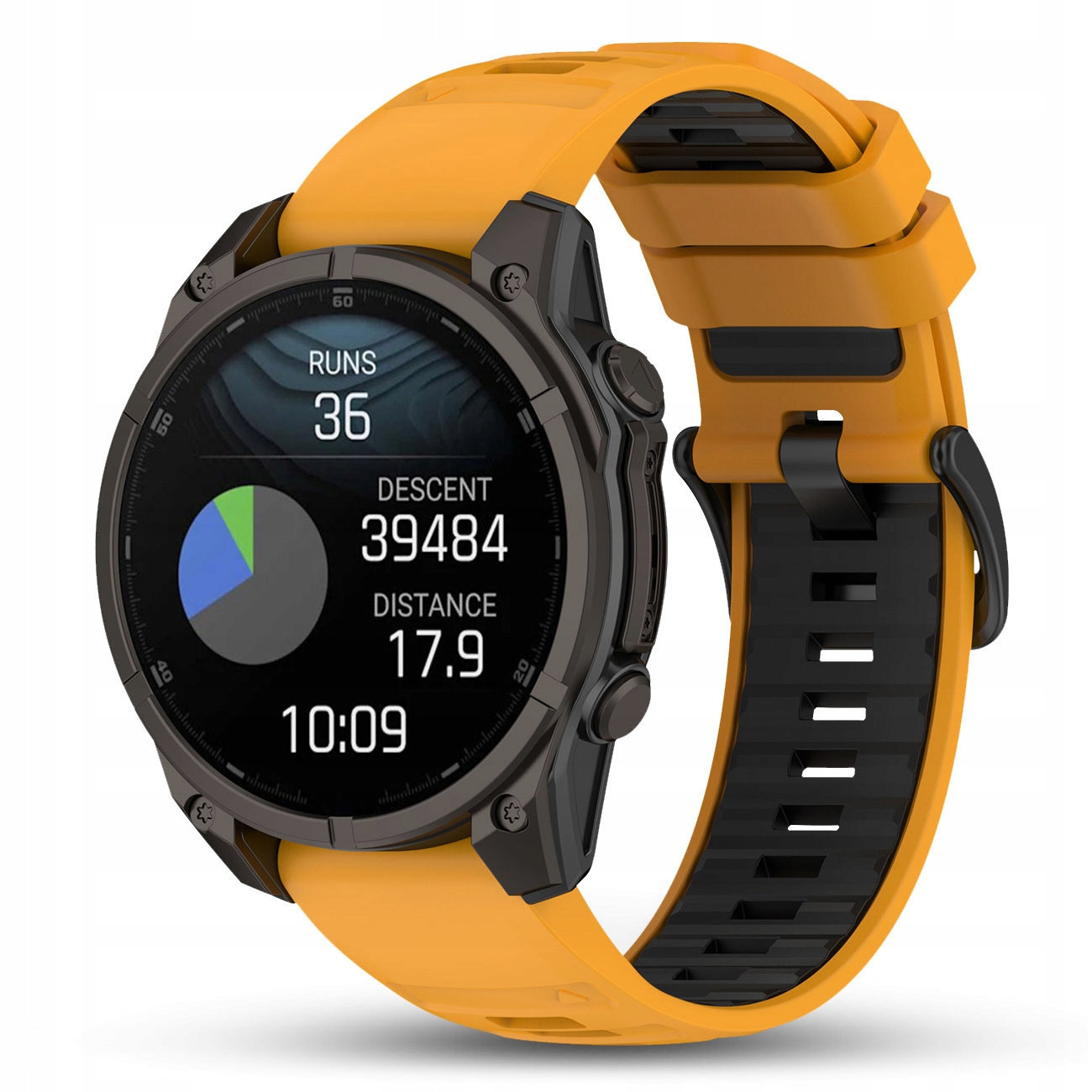 Pomarańczowy smartwatch z czarną bransoletą i wyświetlaczem pokazującym statystyki, np. biegi i dystans.