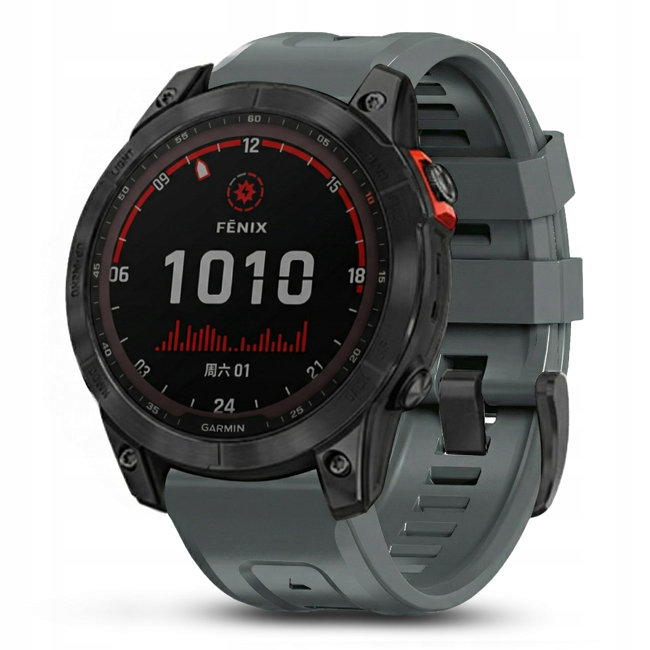 Pokazano szary smartwatch Garmin Fenix z czarną ramką i czerwonymi akcentami.