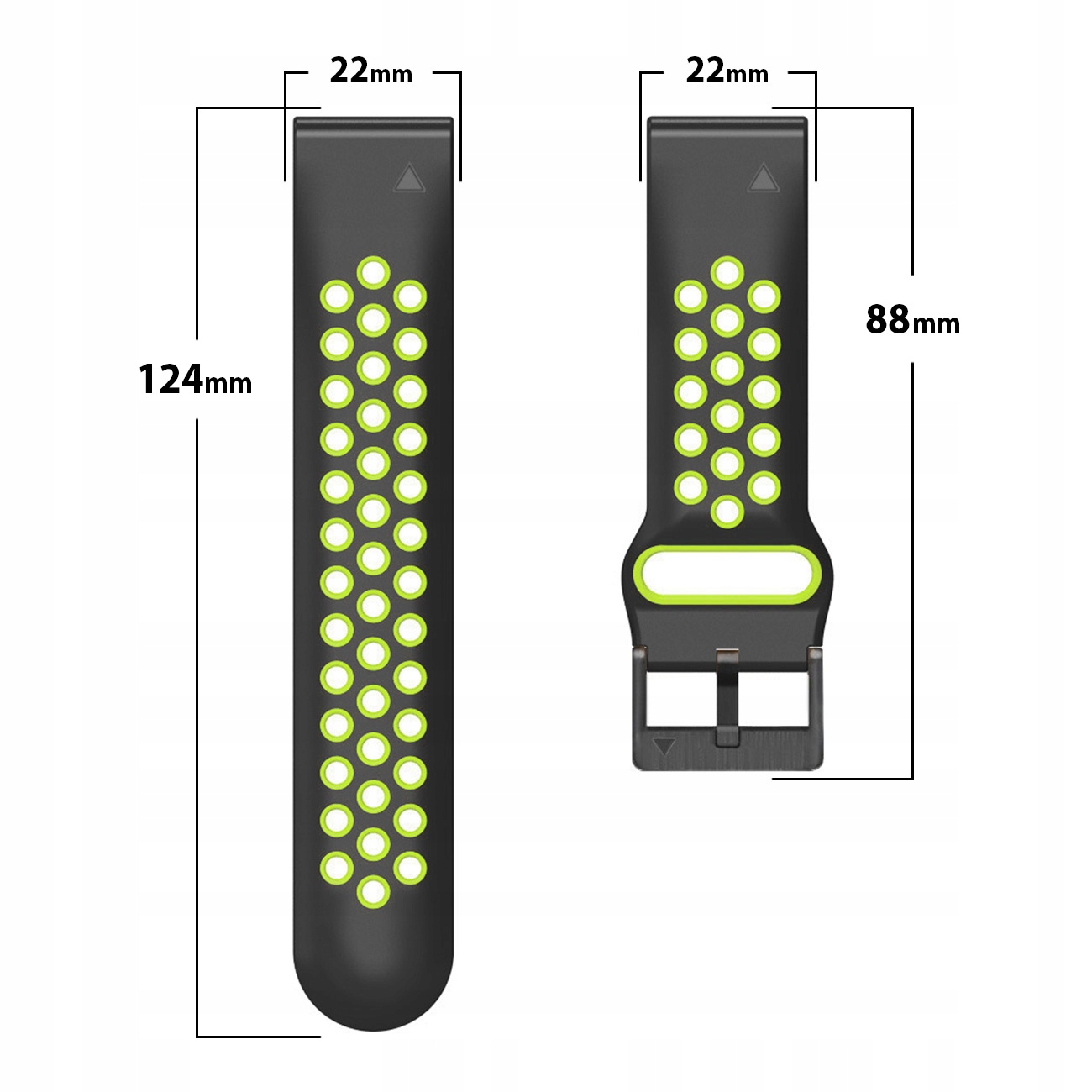 Czarny pasek do zegarka z neonowo-zielonymi otworami, 124 mm długi.