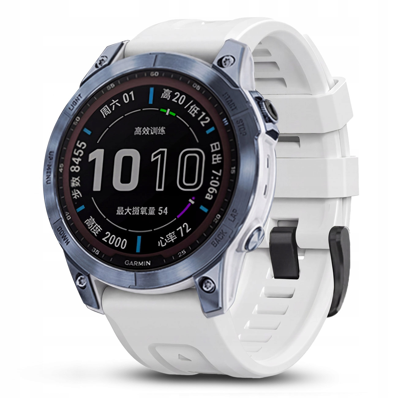 Biały smartwatch ze srebrną ramką i czarnym cyferblatem wyświetlającym 1010.