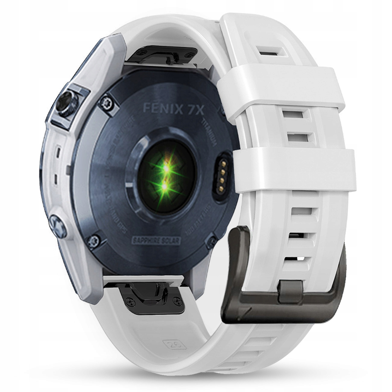 Widok z tyłu białego smartwatcha Garmin Fenix 7X z zielonymi czujnikami tętna.