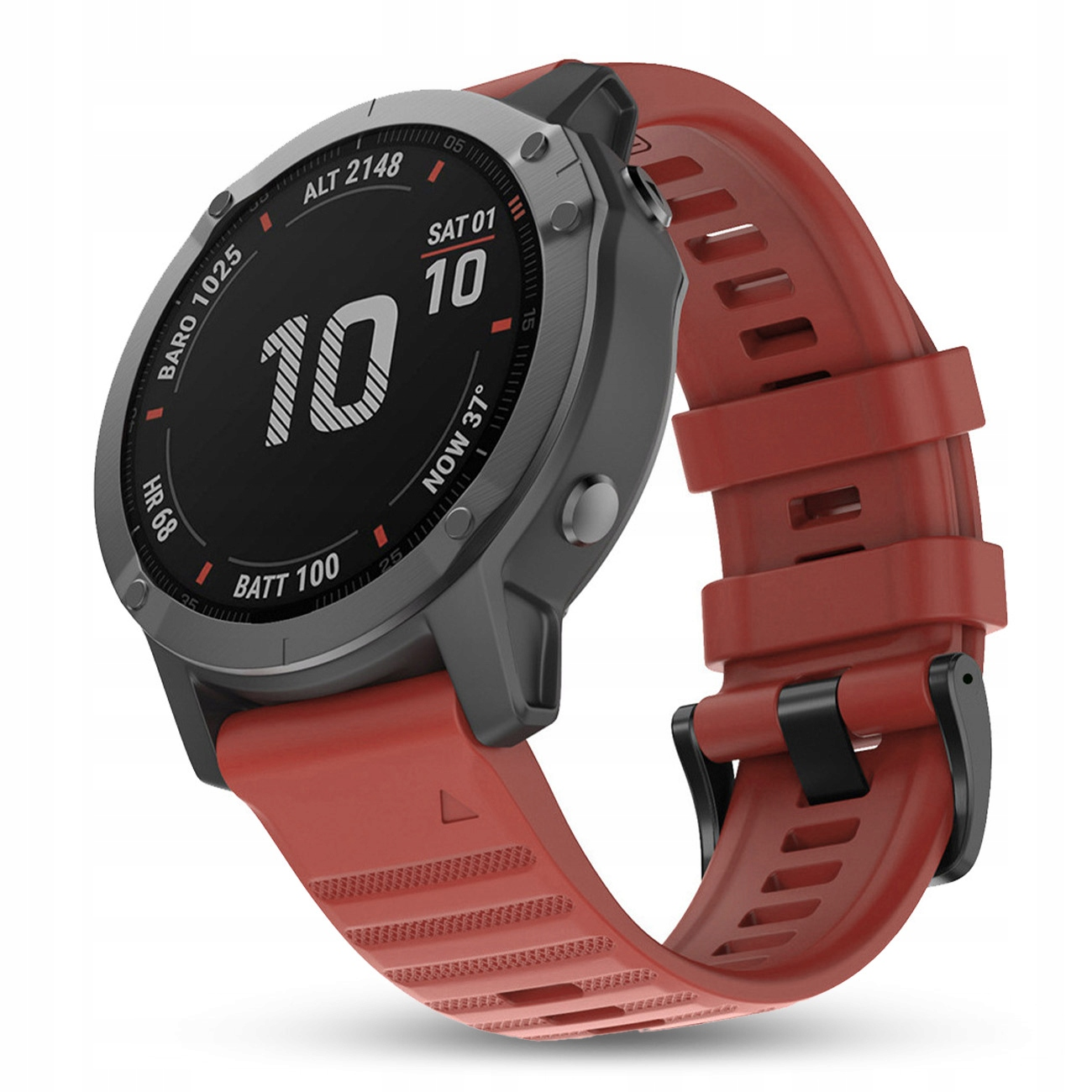 Szara smartwatch z czerwonym paskiem, pokazuje godzinę 10:00, datę, wysokość, tętno.