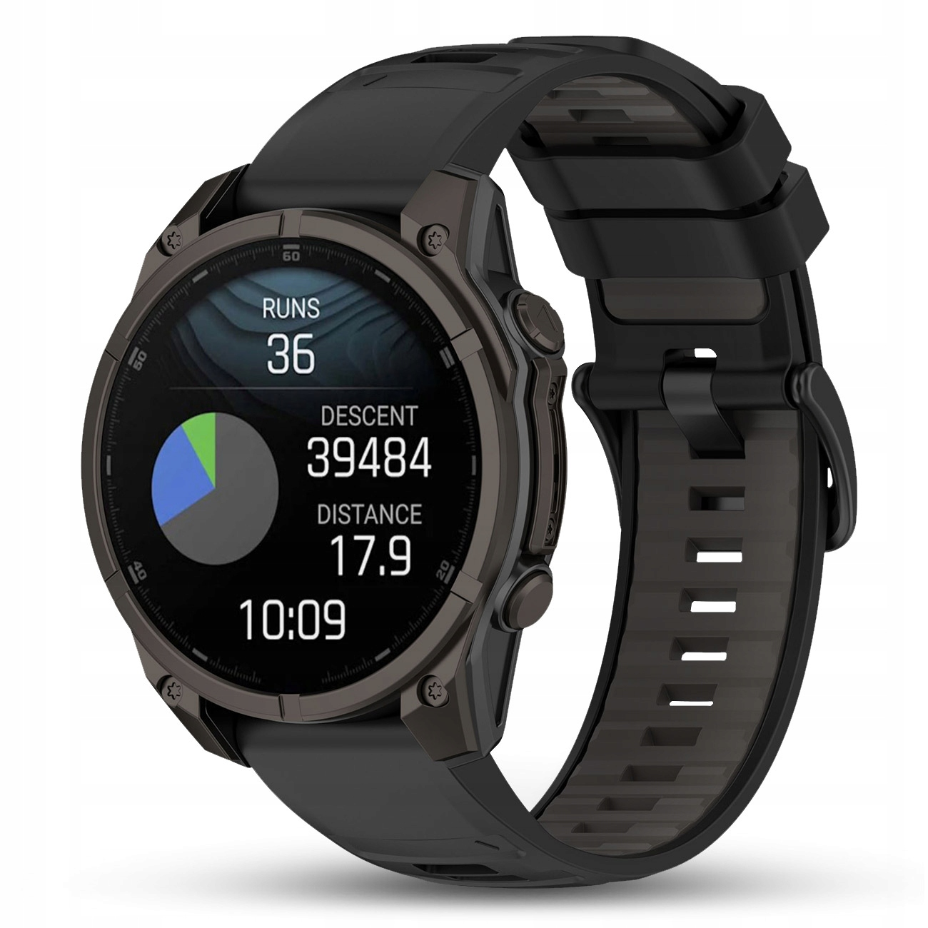 Czarny smartwatch z ciemną metalową obudową i czarnym paskiem.