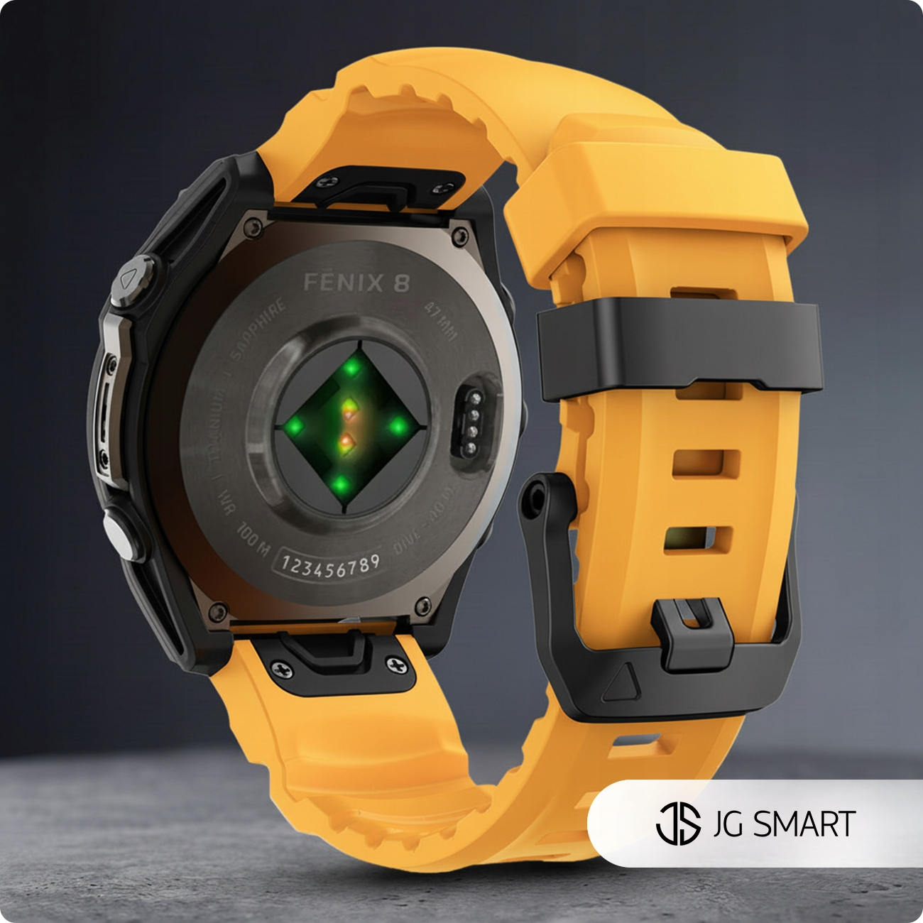 Żółty smartwatch z czarną obudową i czujnikiem tętna.