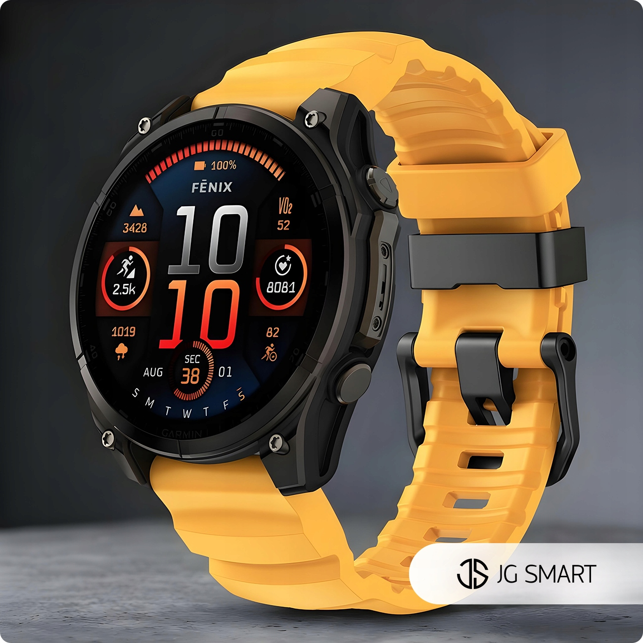 Żółty smartwatch z czarną obudową i szczegółowym wyświetlaczem.