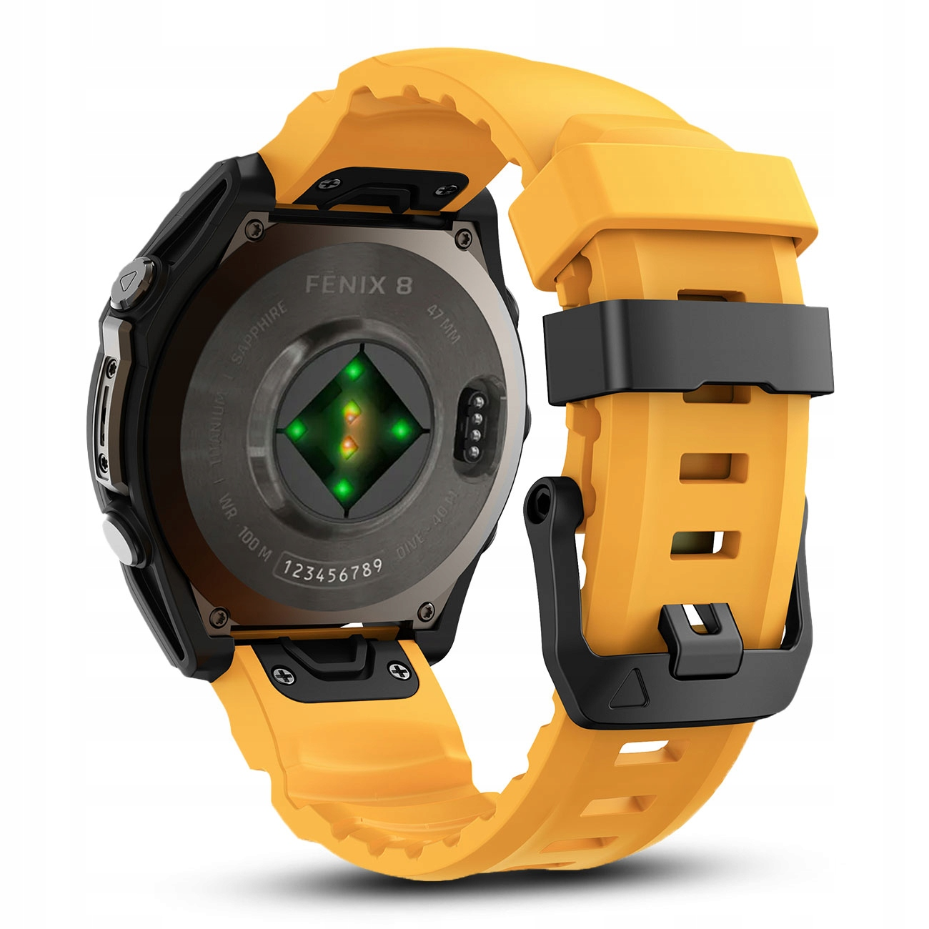 Widok z tyłu żółtego smartwatcha Fenix 8 z czarną klamrą i czujnikiem tętna.