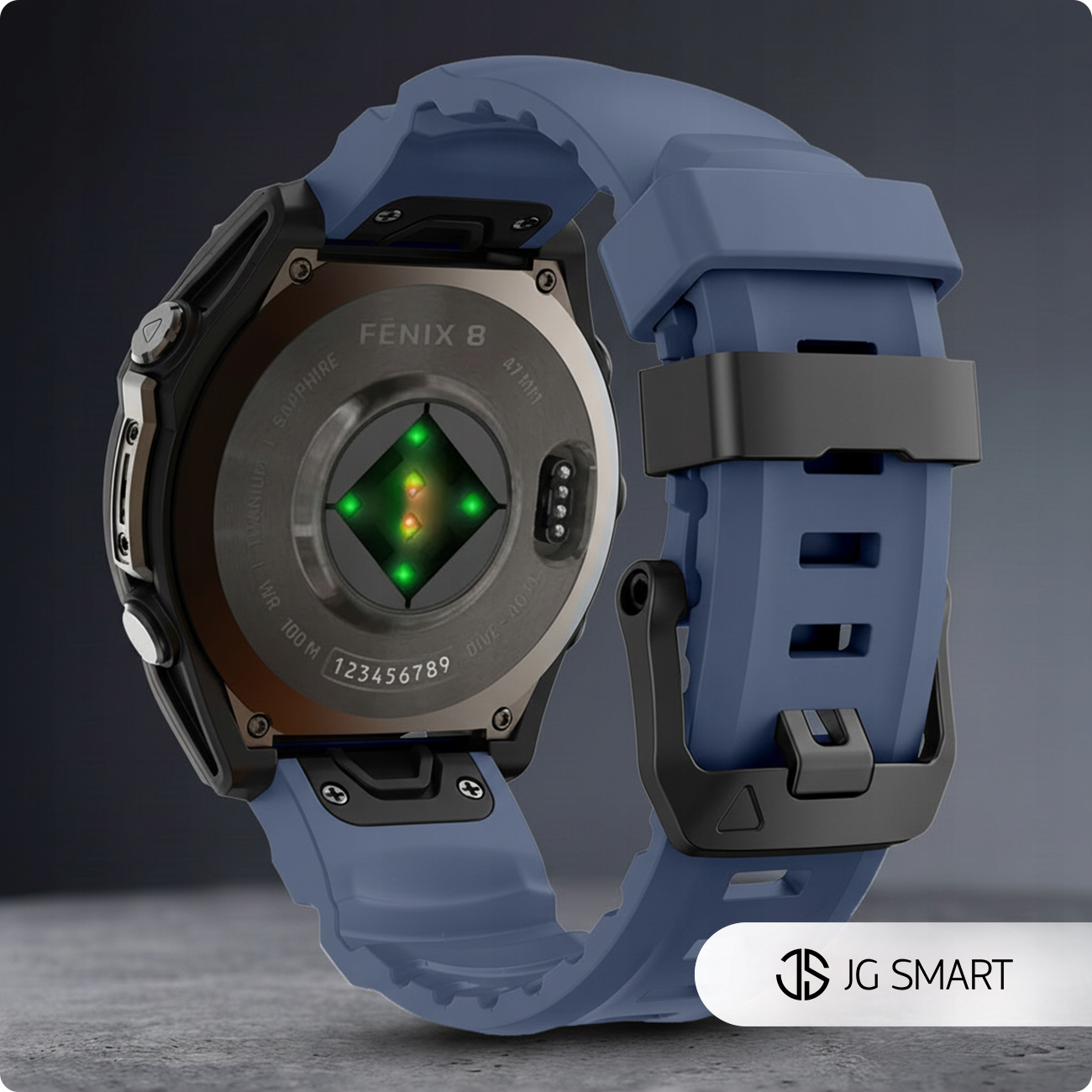 Niebieska opaska smartwatch ze szczegółowym tyłem i czujnikiem tętna.