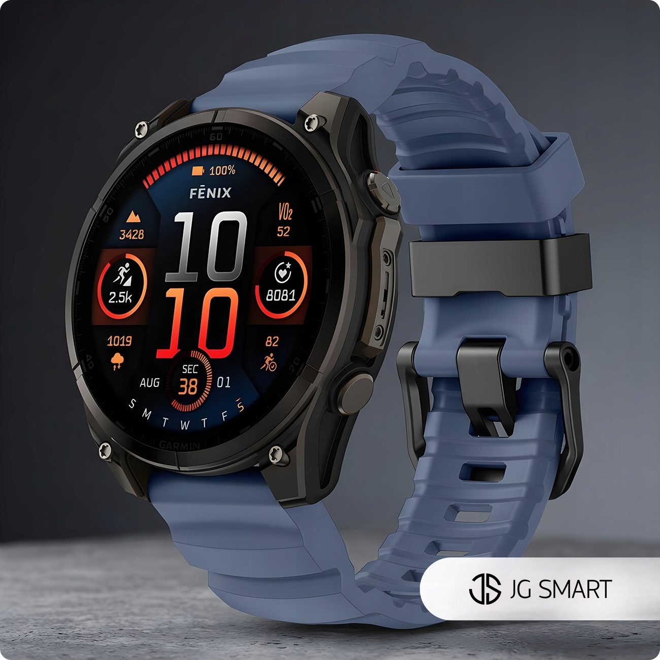 Niebieski smartwatch z ciemną kopertą i szczegółowym wyświetlaczem cyfrowym.