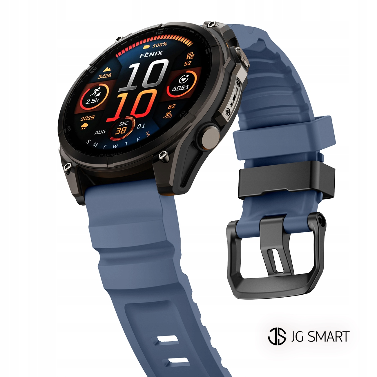 Niebieski smartwatch z czarną kopertą i cyfrowym wyświetlaczem.