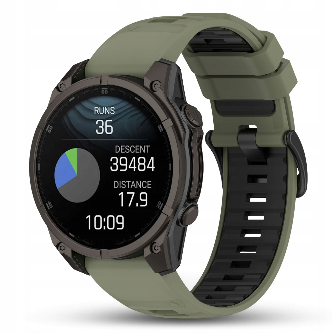 Zielony smartwatch z ciemną metalową ramką i cyfrowym wyświetlaczem pokazującym statystyki.