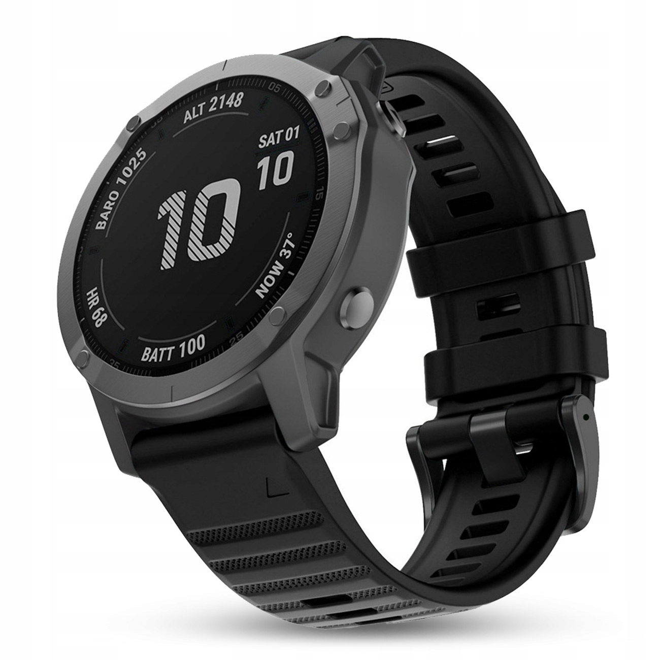 Szary smartwatch z czarnym paskiem i ekranem pokazującym 10:00, datę, wysokość, tętno.