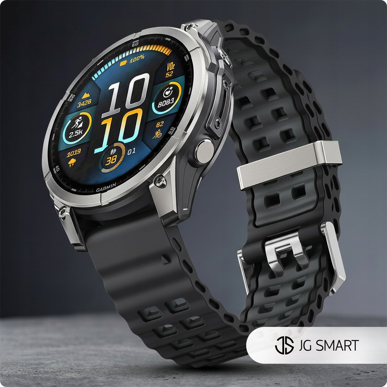 Szary smartwatch z czarnym paskiem i szczegółowym wyświetlaczem.