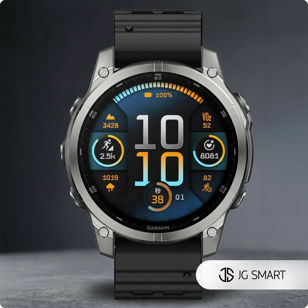 Srebrny smartwatch Garmin z czarnym paskiem, pokazujący 10:10.