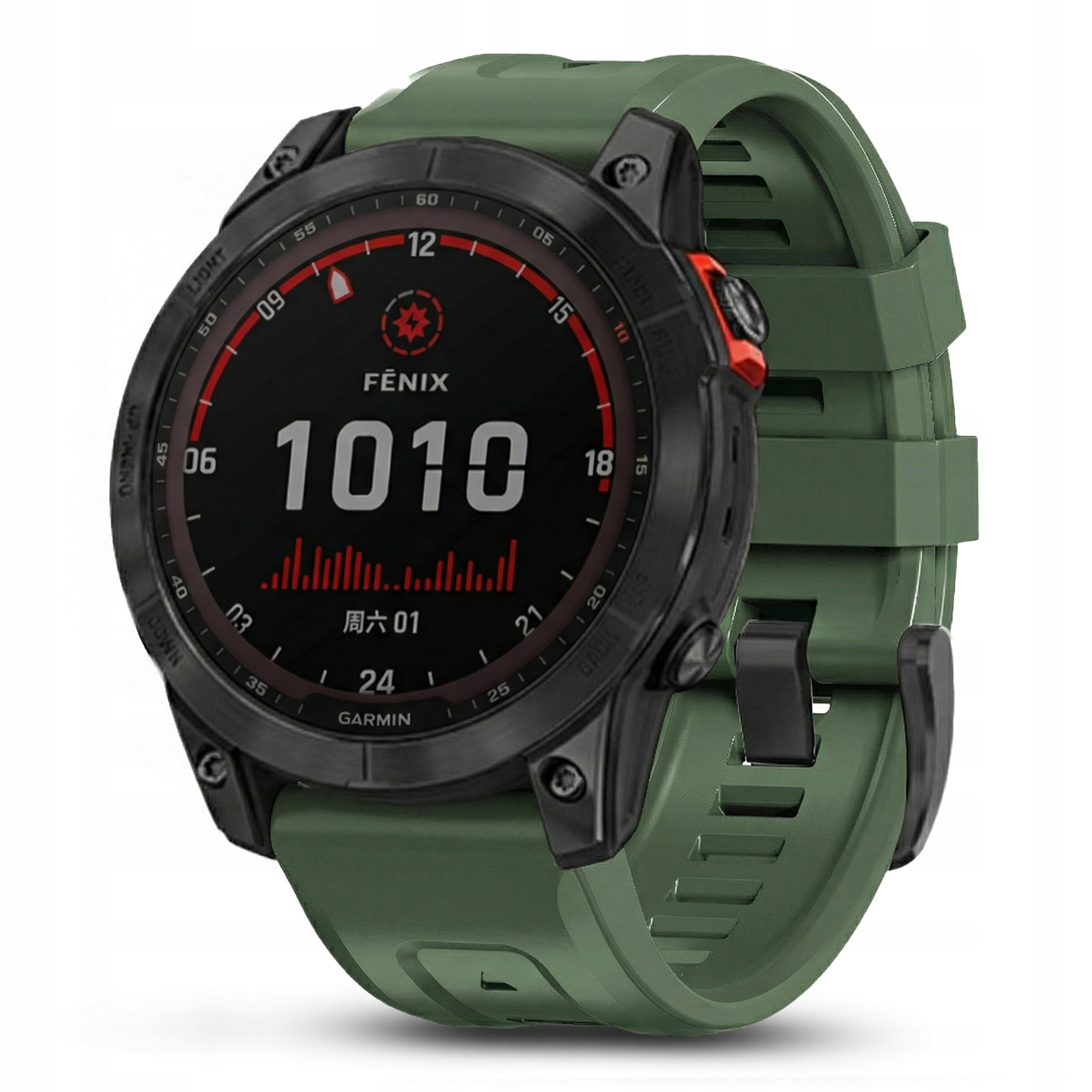 Zielony smartwatch z czarną tarczą i czerwonym akcentem.
