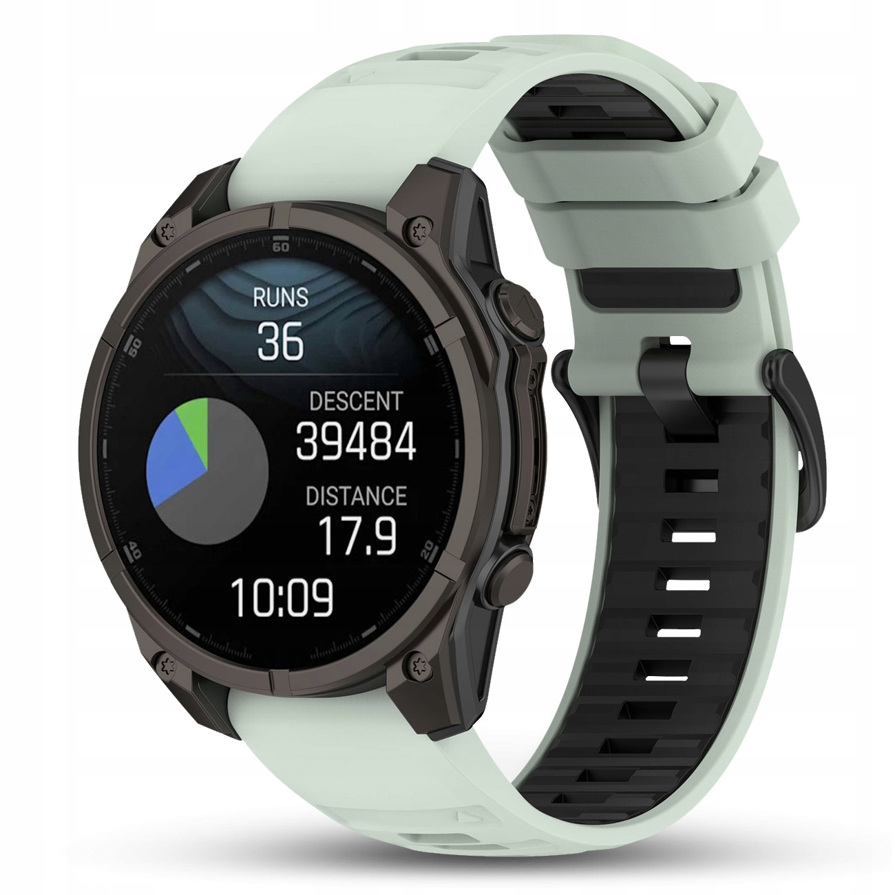Szaro-brązowy smartwatch z jasnosielonym paskiem. Ekran wyświetla statystyki.