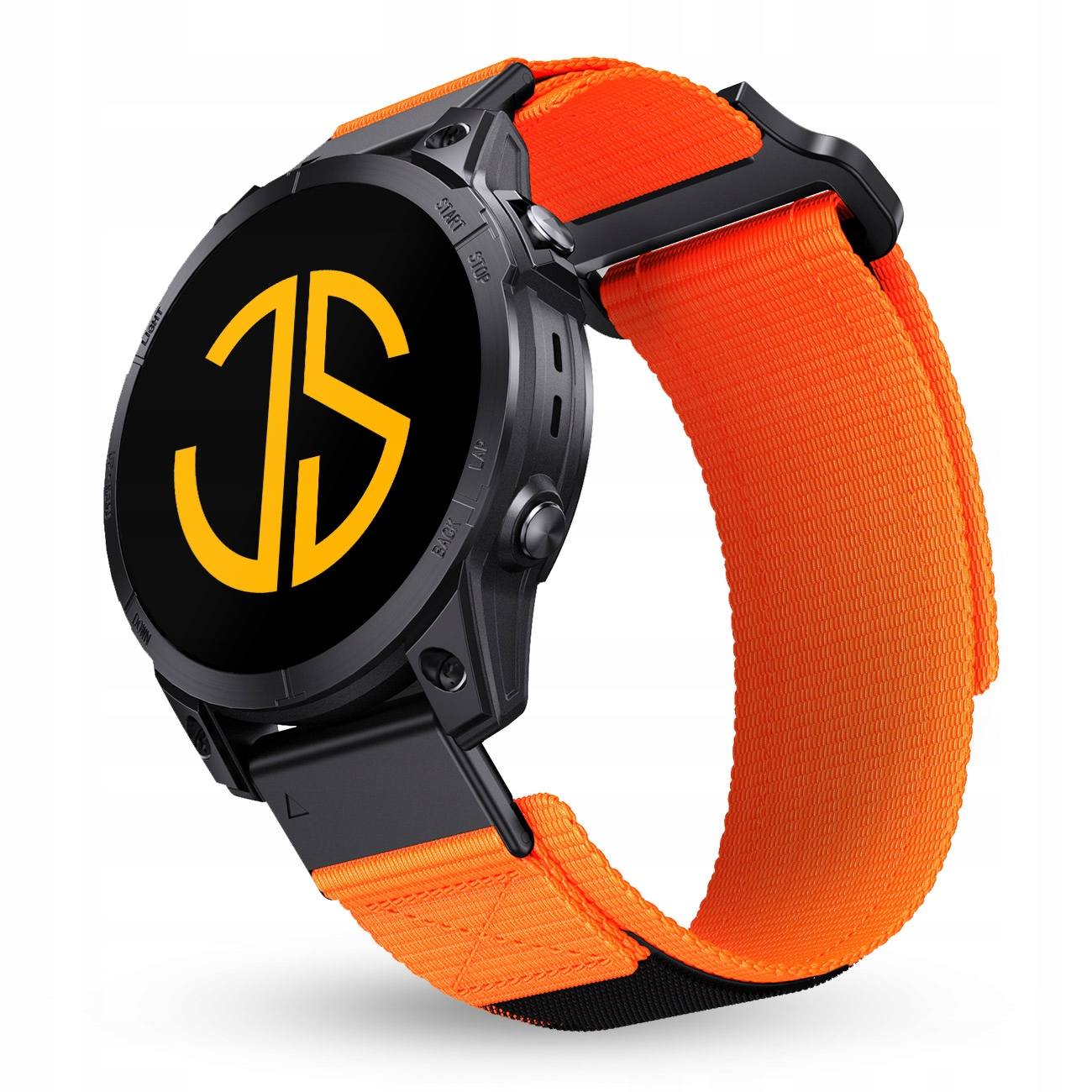 Czarny smartwatch z pomarańczowym paskiem i żółtym logo na ekranie.