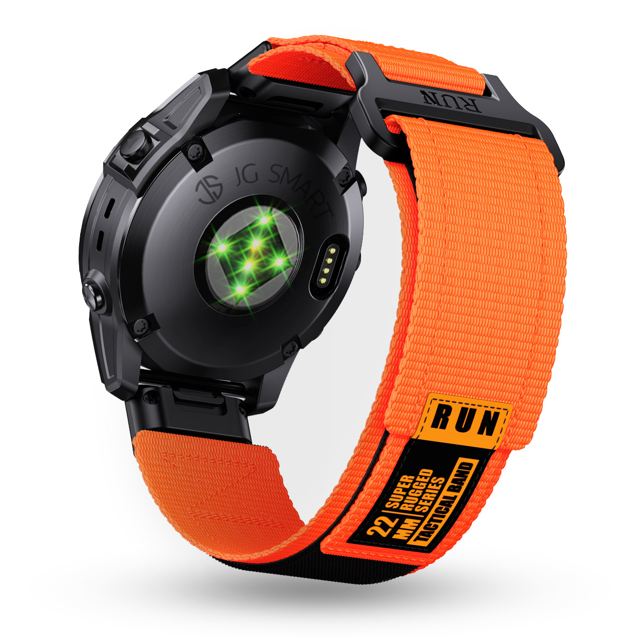 Czarny smartwatch z czujnikiem tętna i pomarańczową opaską taktyczną.