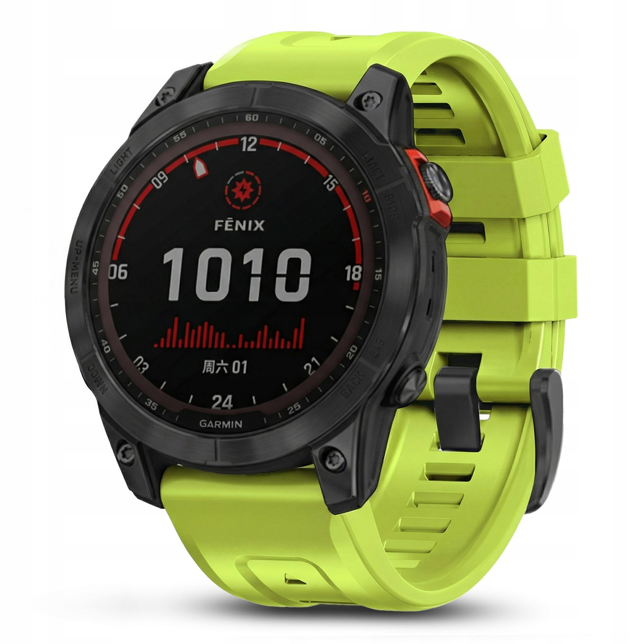 Jasnożółty smartwatch Garmin Fenix z czarną ramką i czerwonymi akcentami. Ekran pokazuje '1010'.