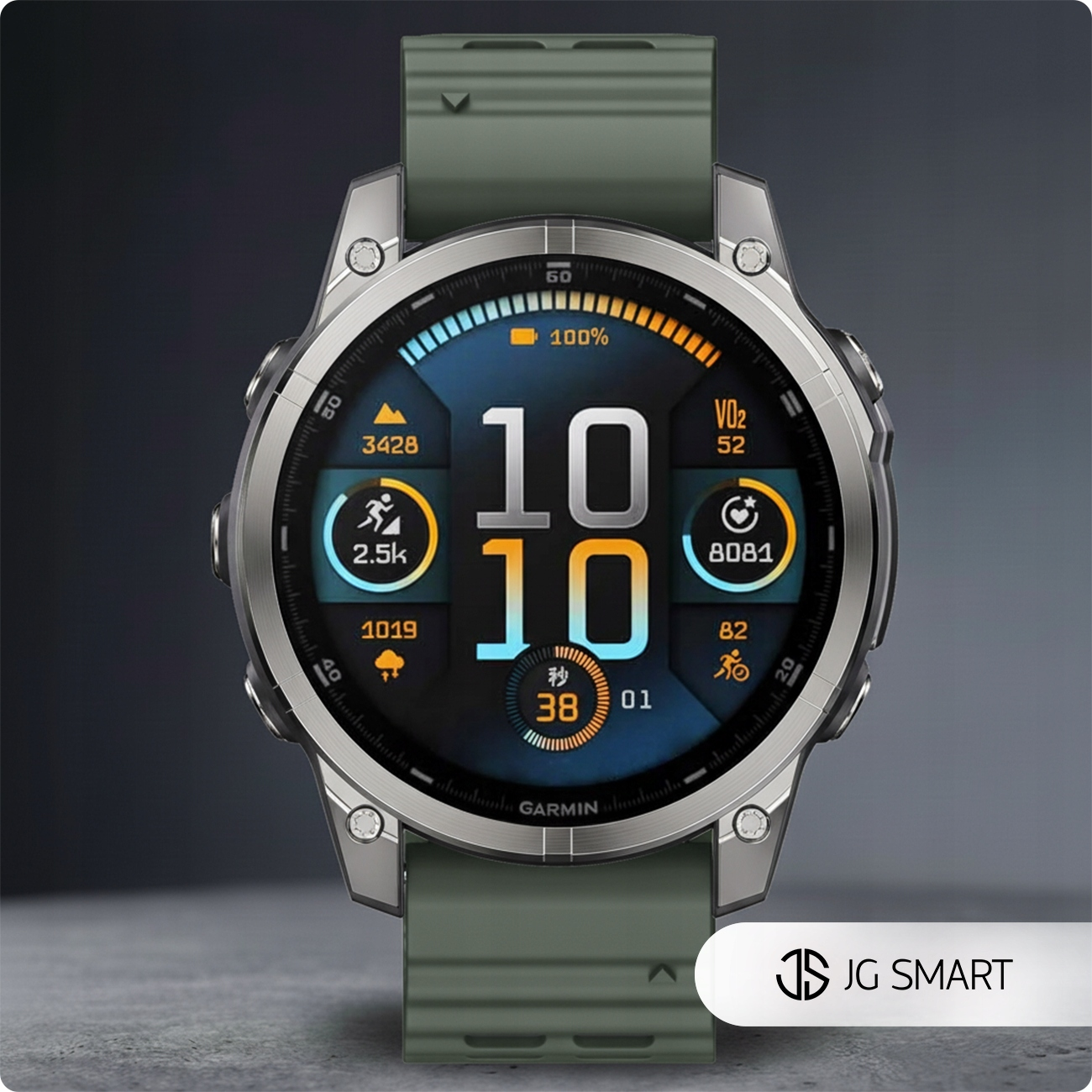Srebrny smartwatch z zielonym paskiem, wyświetla czas, kroki, VO2 i pogodę.