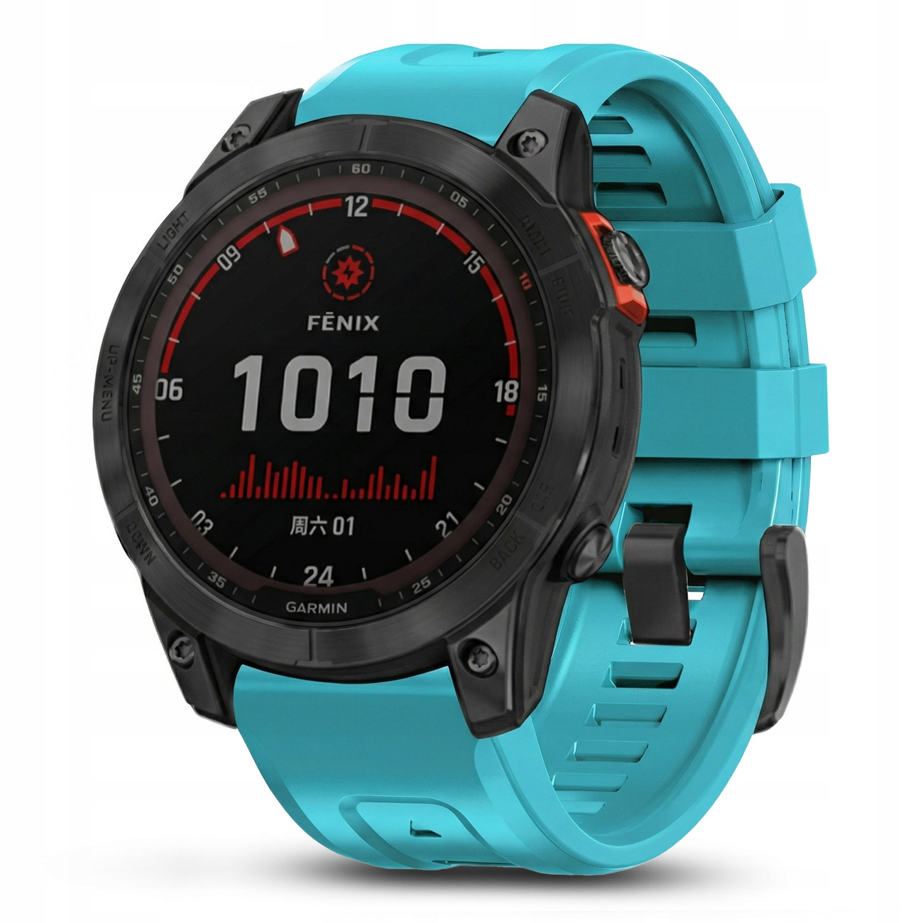 Turkusowy smartwatch Garmin Fenix z czarną ramką i cyfrowym wyświetlaczem.