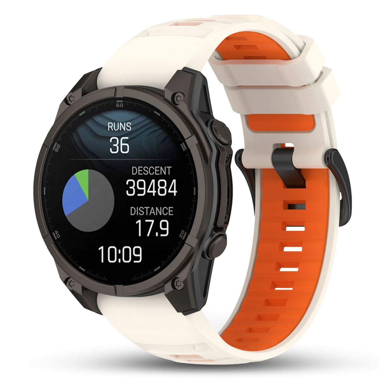Biało-pomarańczowy smartwatch z ciemną tarczą wyświetlającą biegi, zjazd i dystans.