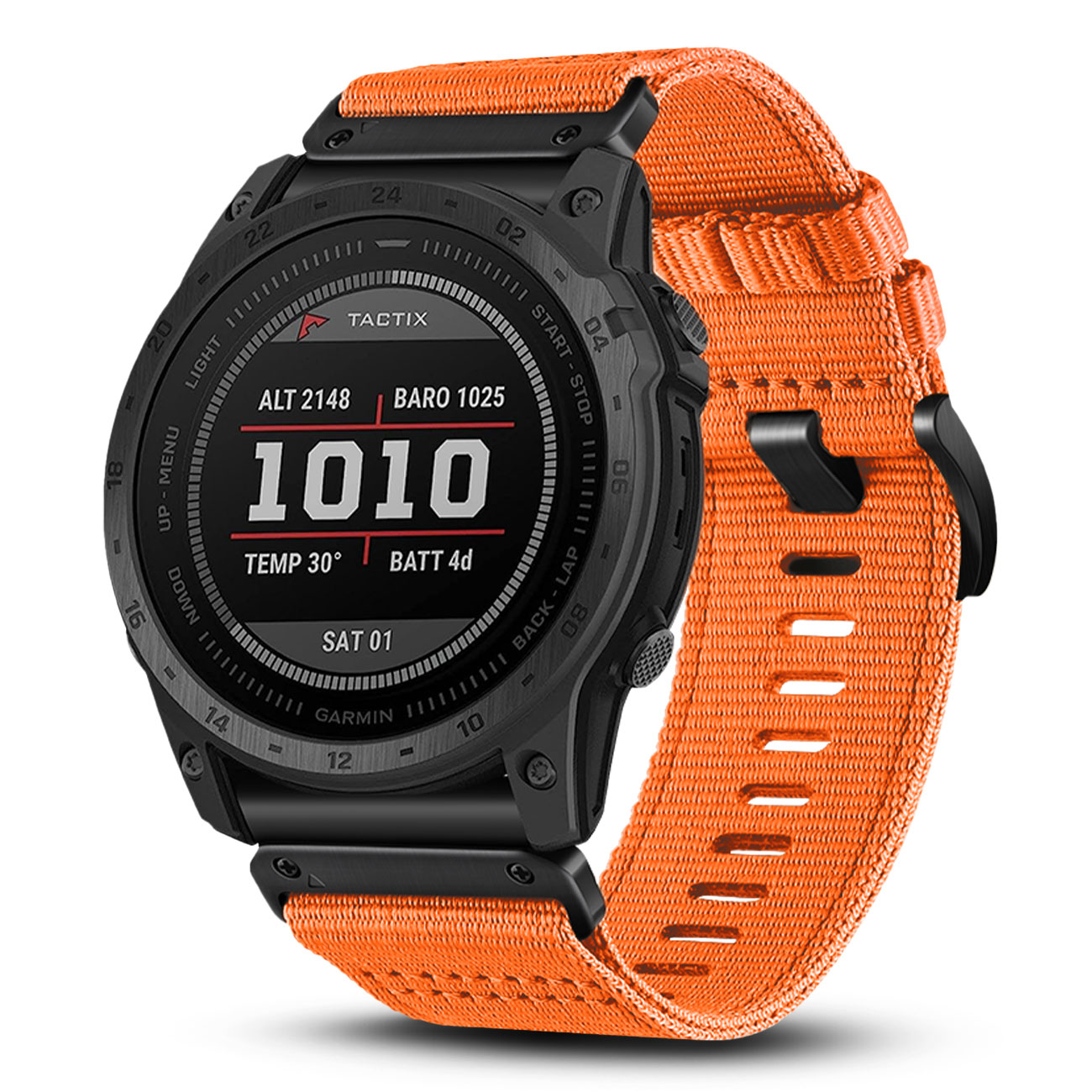 Czarny smartwatch z pomarańczowym paskiem, wyświetla 1010 na ekranie.
