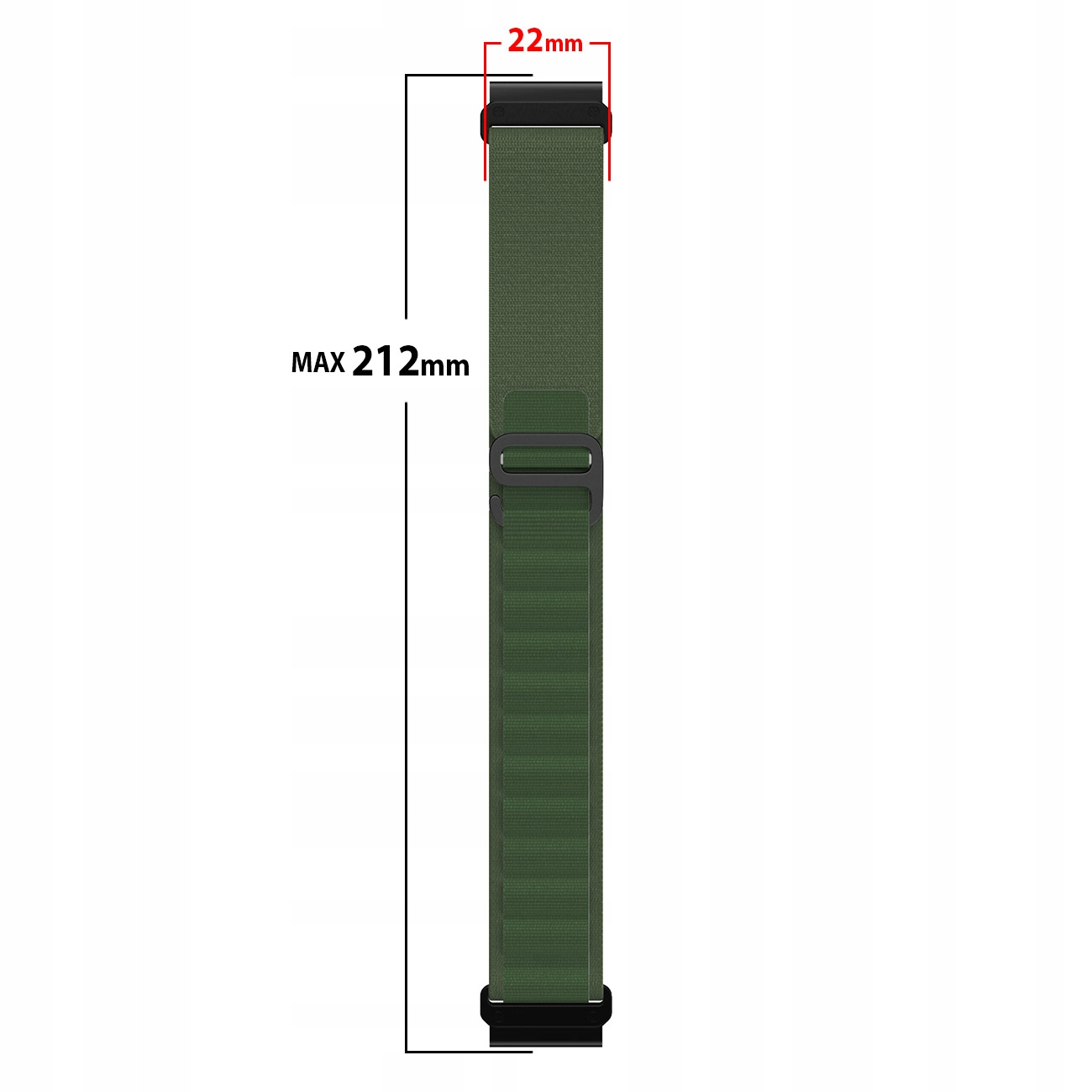 Zielony pasek do zegarka z czarnymi klamrami. Szerokość 22mm, max. 212mm.
