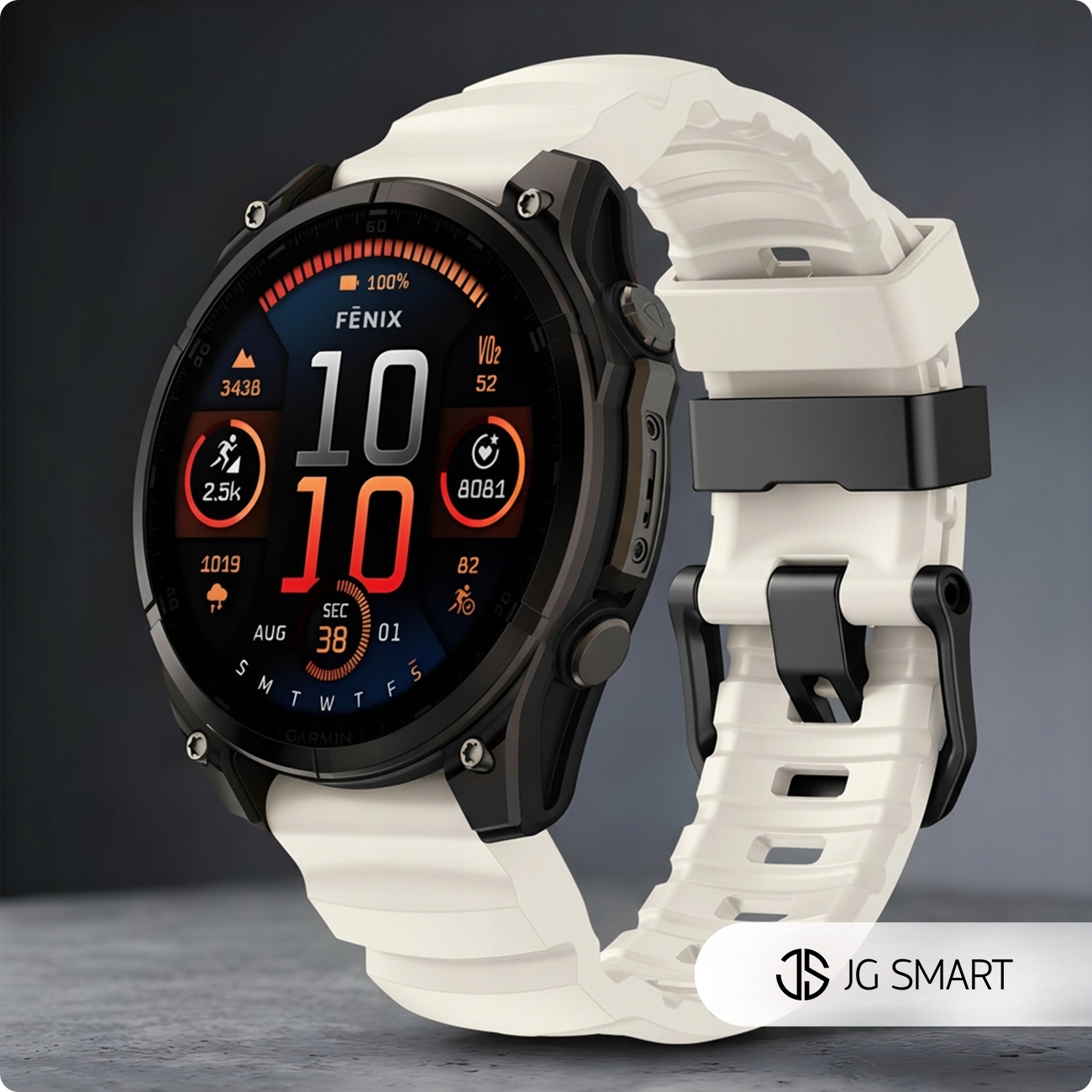 Biały smartwatch Garmin Fenix z czarną ramką i paskiem wyświetla czas, kroki, pułap tlenowy i inne.