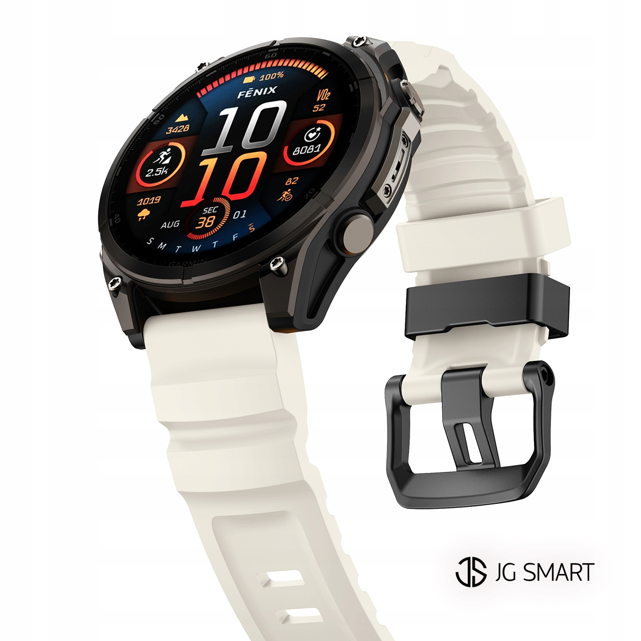 Biały smartwatch Garmin Fenix z czarną ramką, wyświetla statystyki.