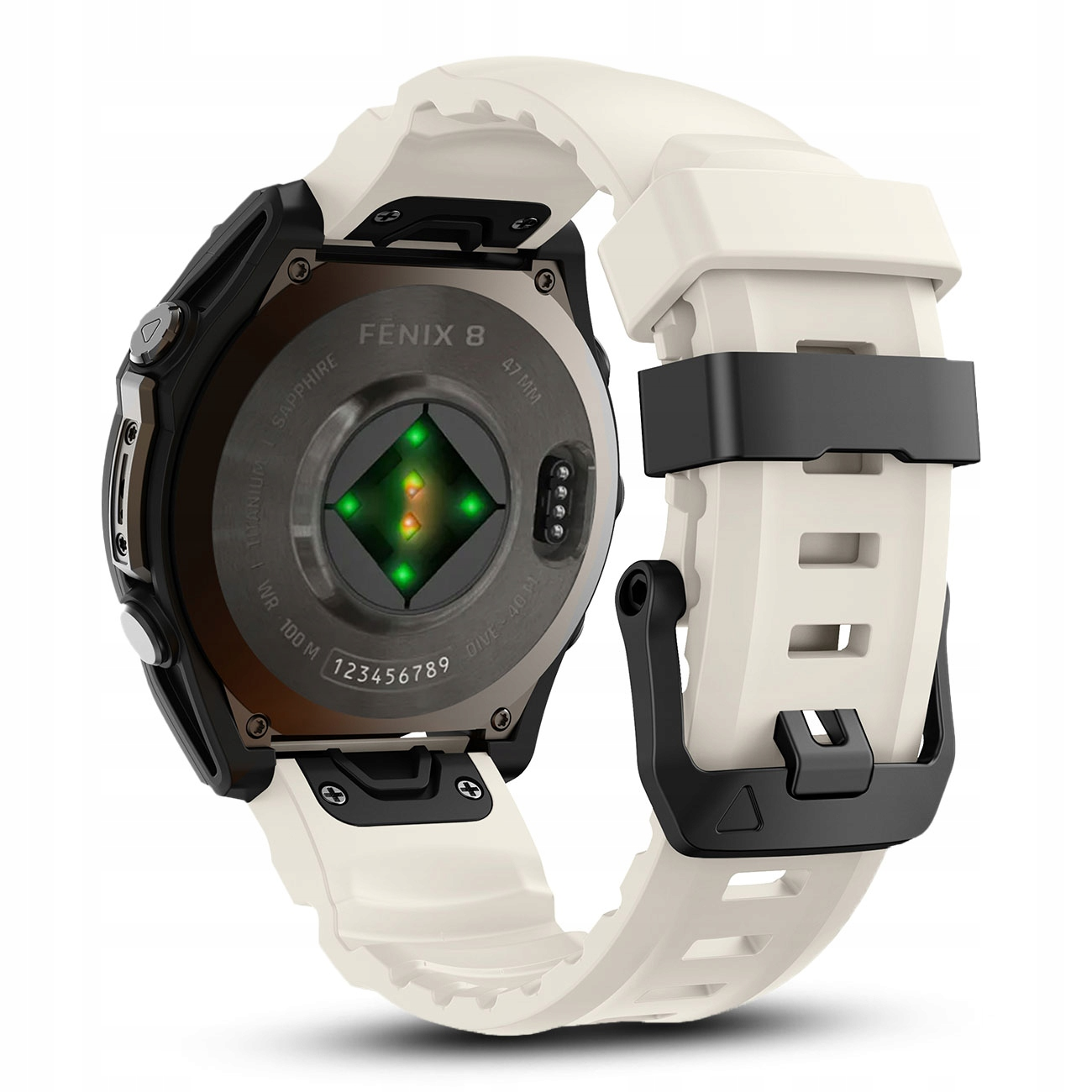 Widok z tyłu białego smartwatcha Garmin Fenix 8 z czarnymi akcentami i czujnikiem tętna.