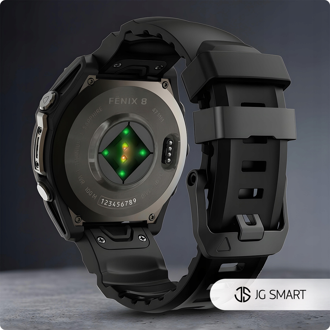 Czarny smartwatch Garmin Fenix 8 z czujnikiem tętna i czarnym paskiem.