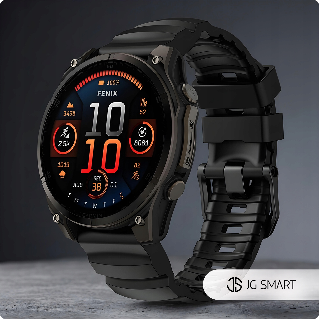 Czarny smartwatch Garmin Fenix wyświetlający dane sportowe na tarczy.