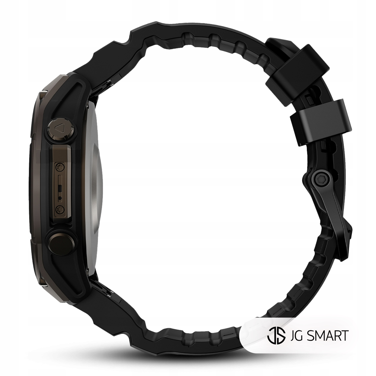 Czarny smartwatch z czarną bransoletą i metalowymi przyciskami, widziany z boku.
