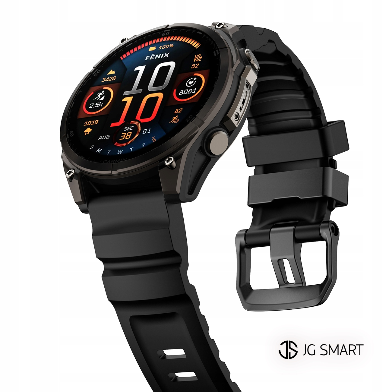 Czarny smartwatch Garmin Fenix ze szczegółową tarczą: godzina, kroki, VO2 max, bateria.