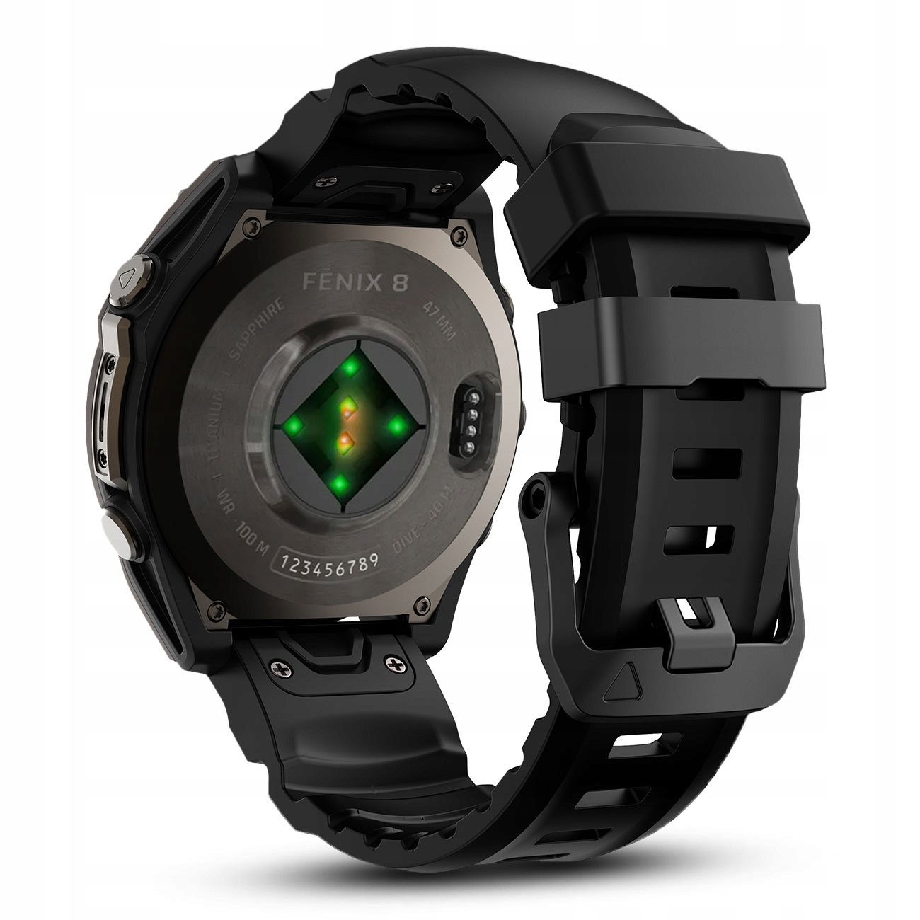 Czarny smartwatch widok z tyłu, czujnik tętna i czarna opaska.