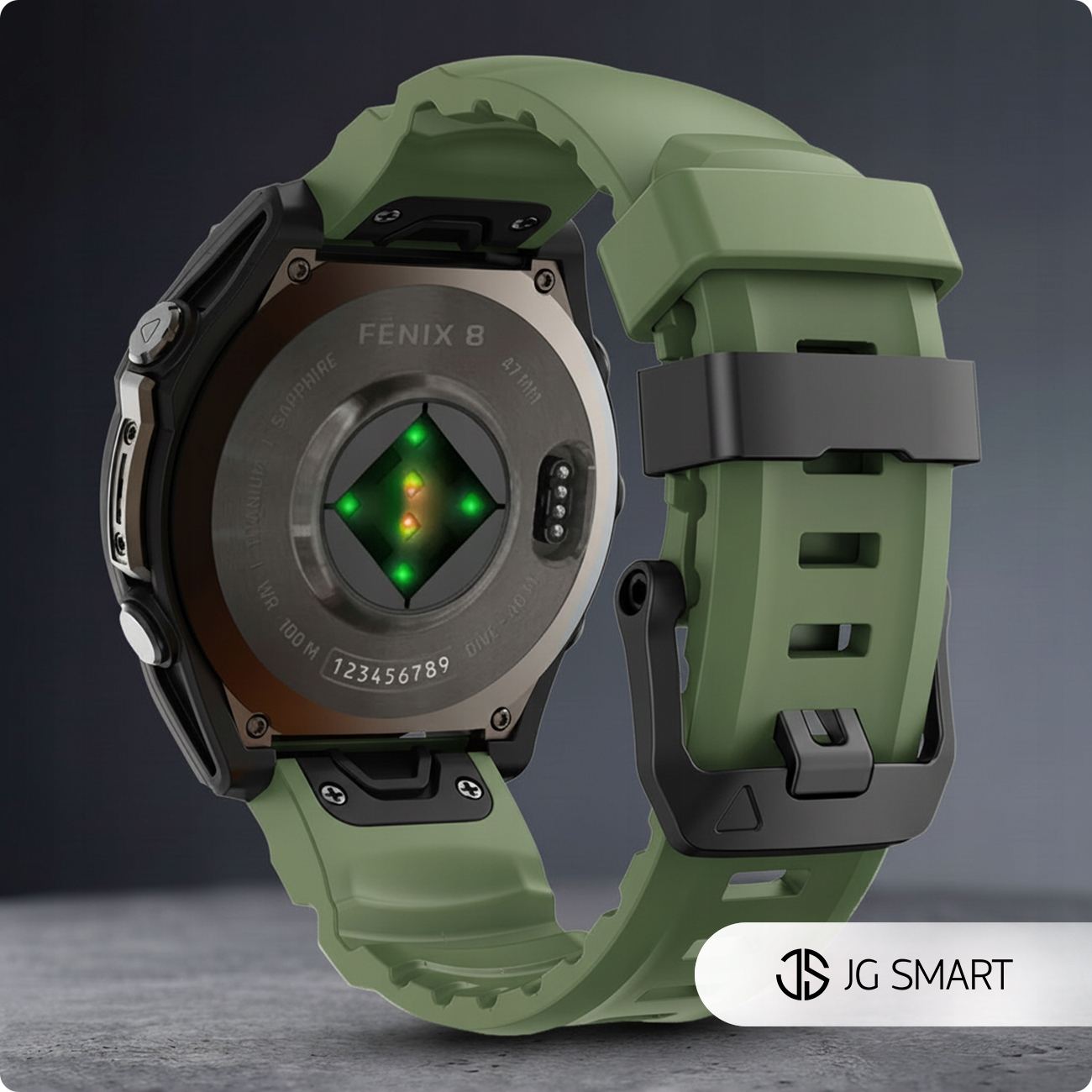Zielony smartwatch z czujnikiem tętna, model Fenix 8, srebrna obudowa.