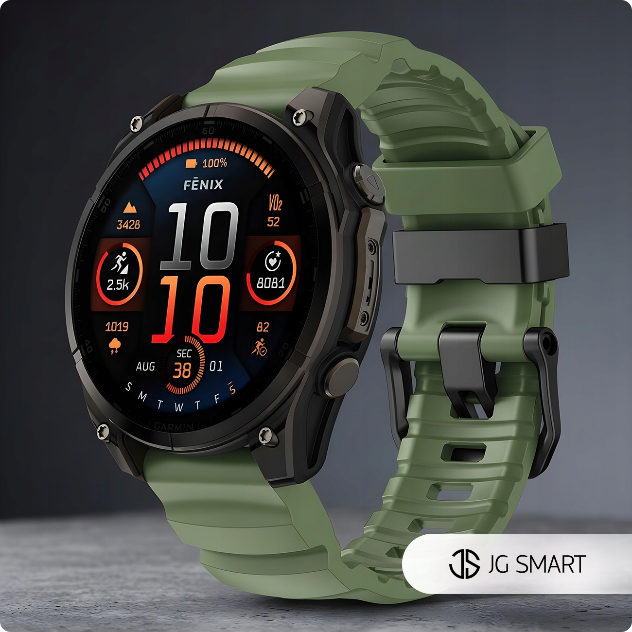 Zielony smartwatch z czarną obudową i szczegółowym cyfrowym wyświetlaczem.