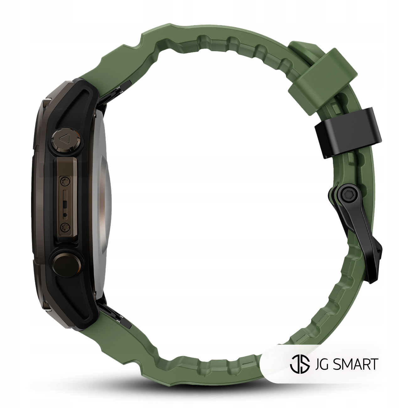 Zielony smartwatch z czarną obudową i czarną klamrą, widok z boku.