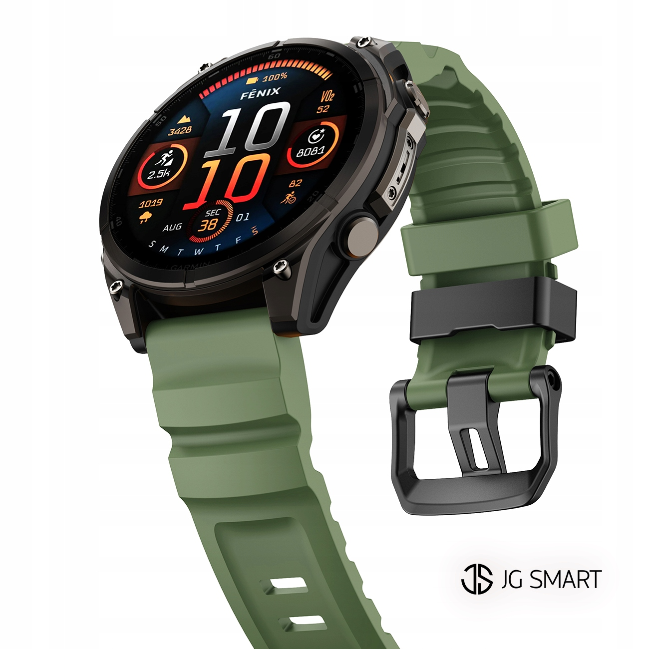 Zielony smartwatch z czarną klamrą i kolorowym wyświetlaczem pokazującym czas i statystyki.