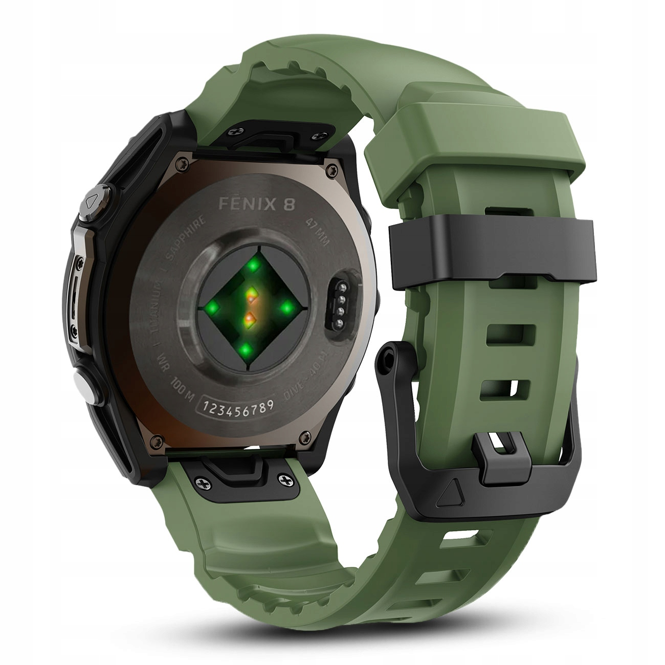 Zielony smartwatch z czujnikiem tętna i czarnym paskiem.