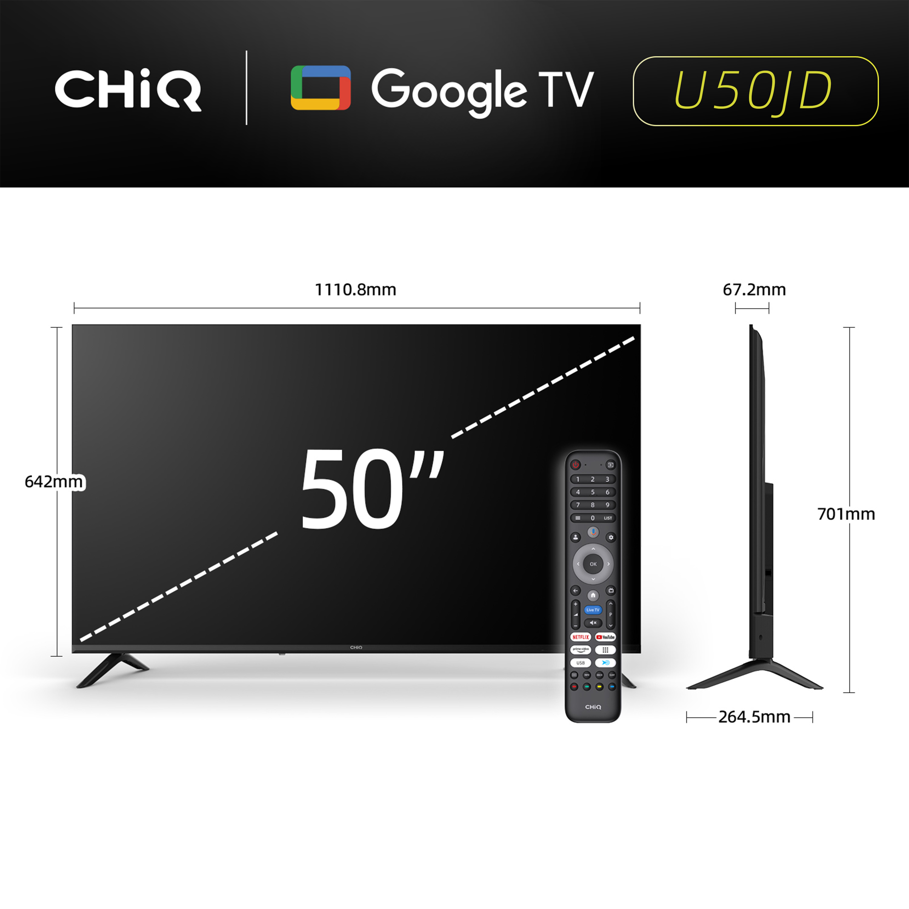 Telewizor CHiQ 50 cali z Google TV i pilotem, z wymiarami.