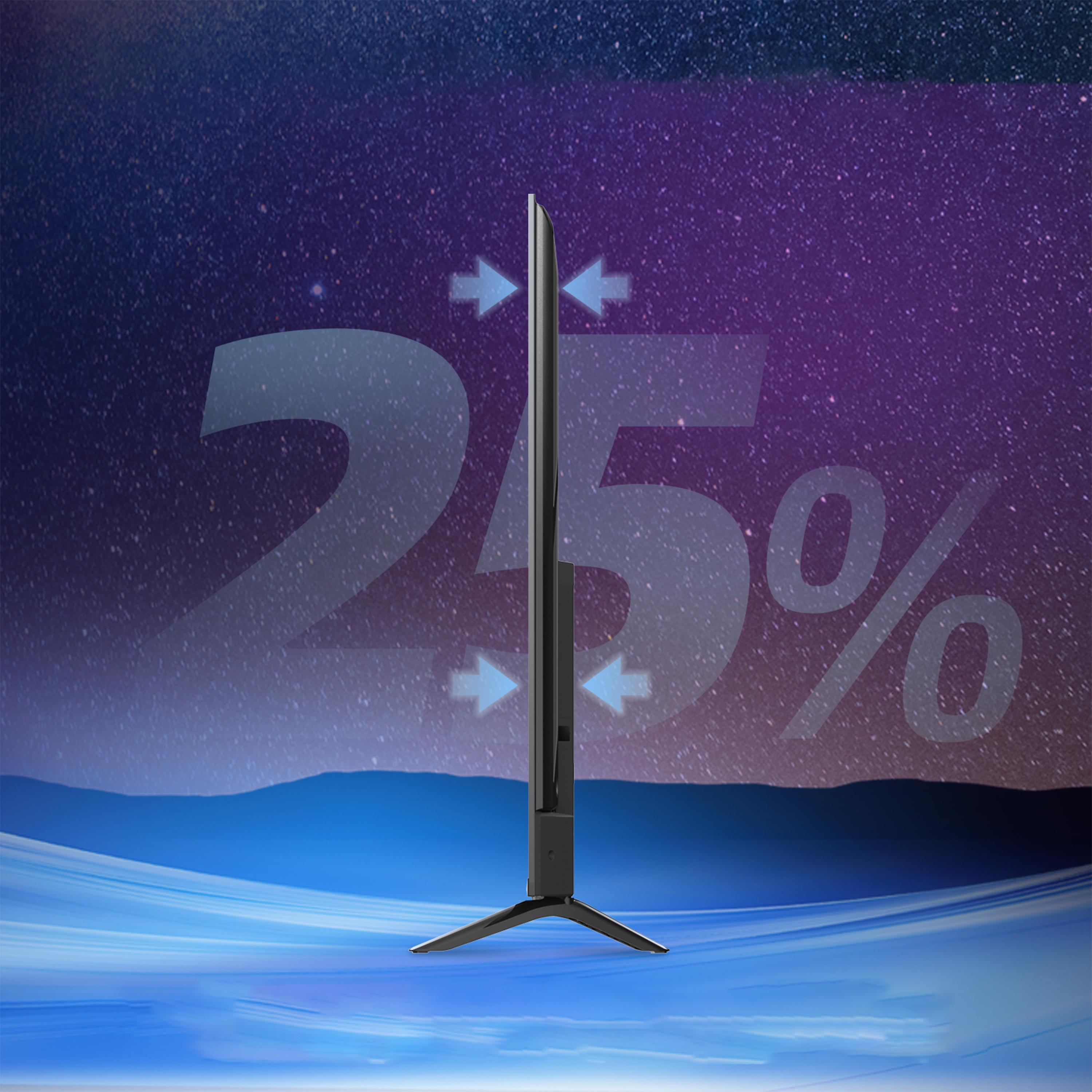 Smukły telewizor stoi na tle gwiaździstego nieba. Dużo wyświetlono liczbę 25%.