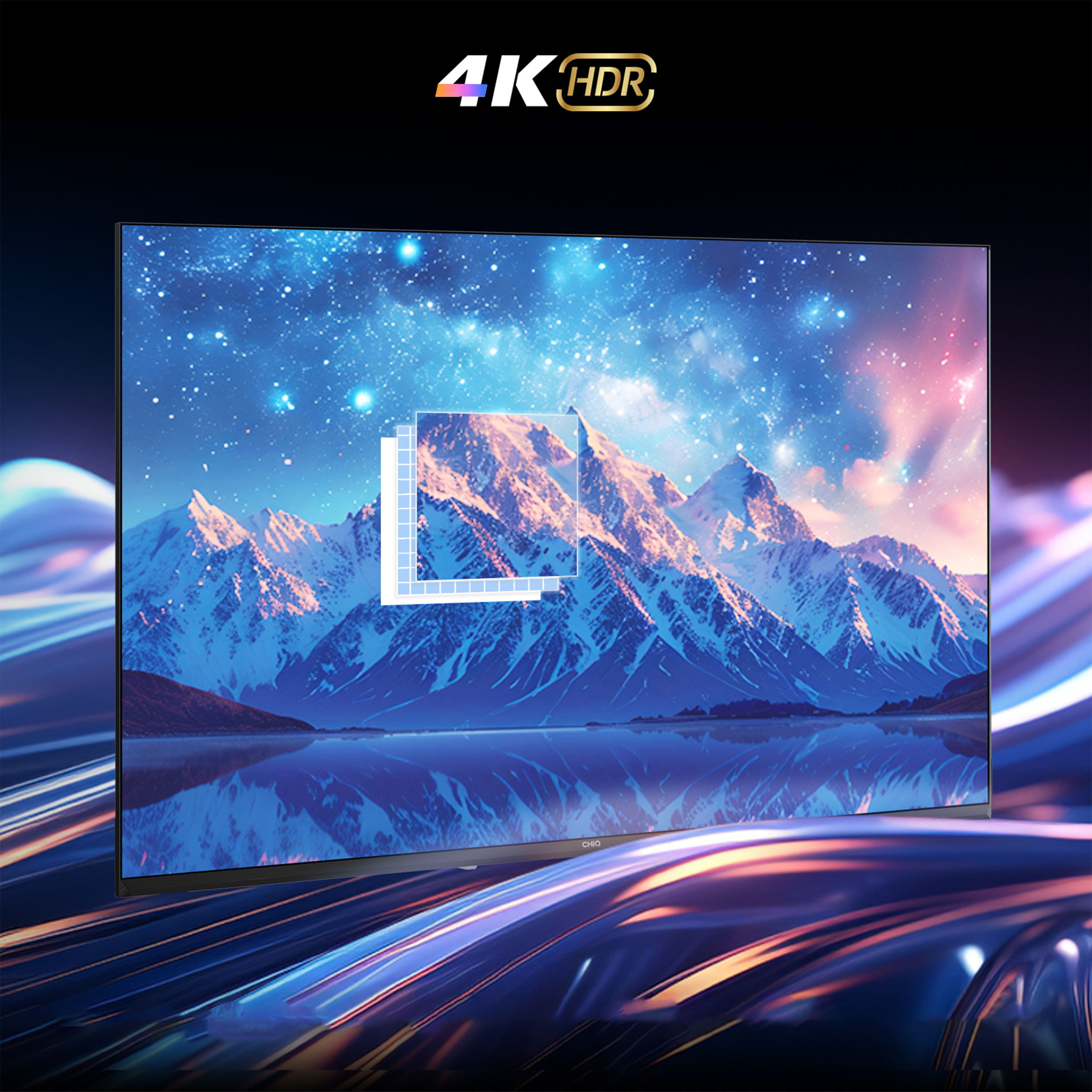 Telewizor 4K HDR wyświetla nocny krajobraz górski z gwiazdami.