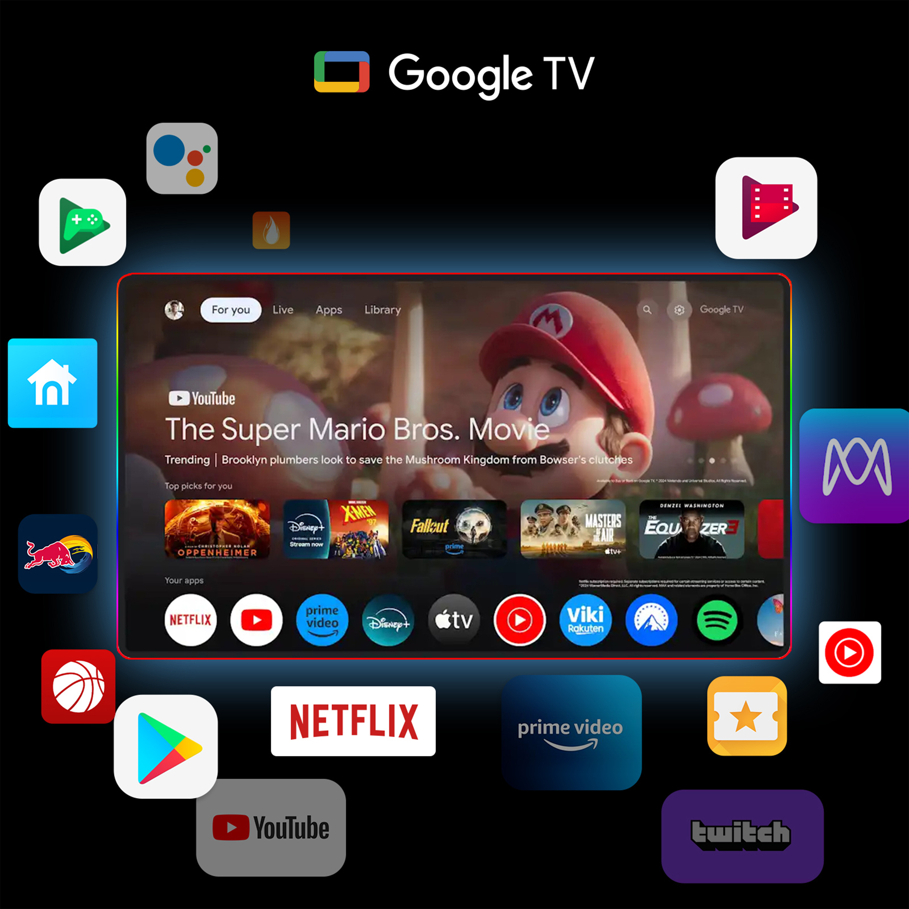 Ekran główny Google TV wyświetla aplikacje takie jak YouTube i Netflix z zwiastunami filmów.