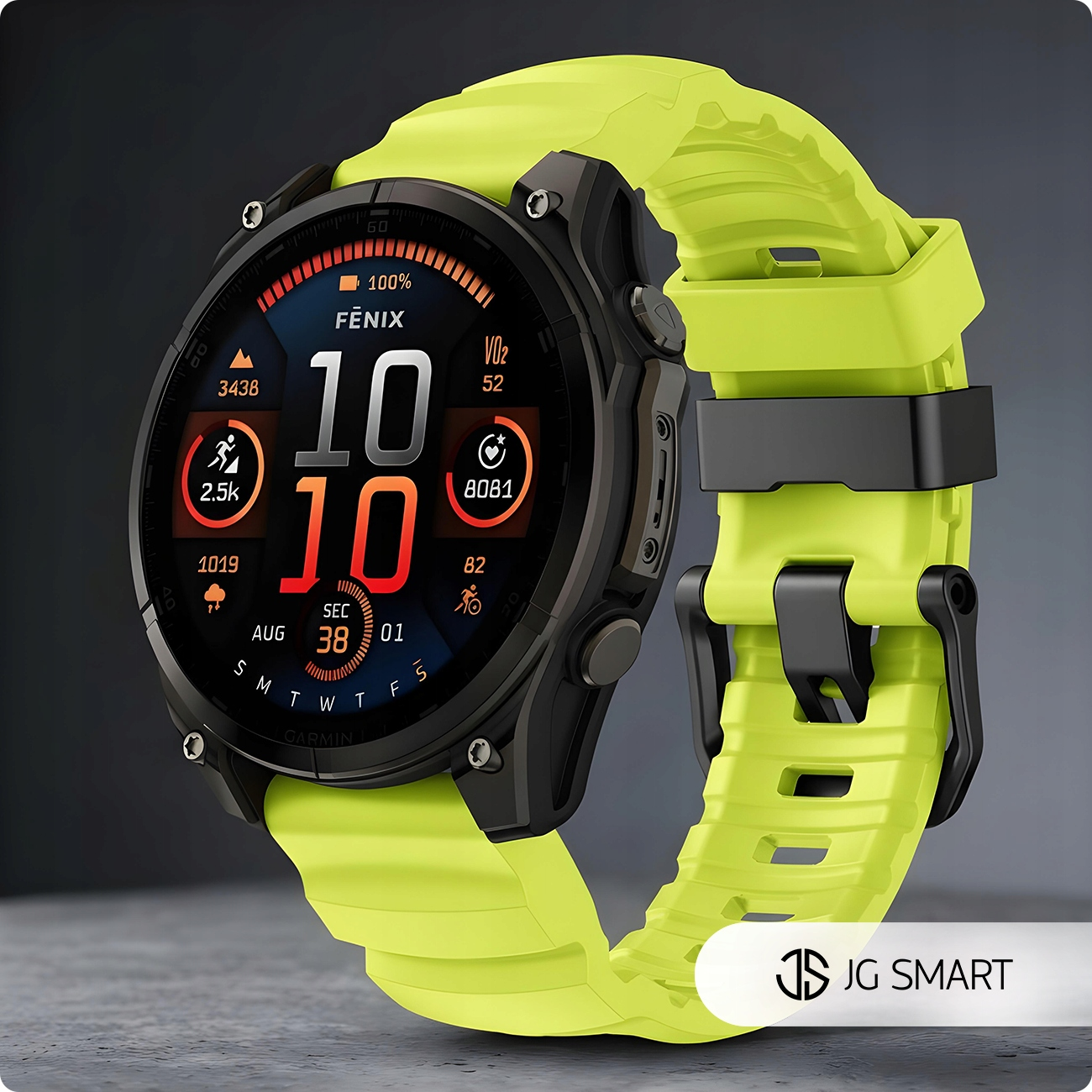 Neony żółty smartwatch z czarną kopertą i tarczą wyświetla dane treningowe.